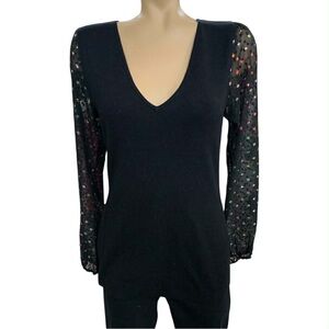 INC International Concepts Black Top with Sheer Polka Dot Sleeves Size M